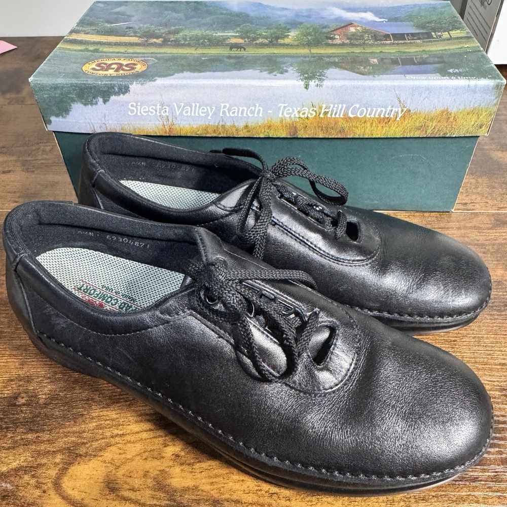 SAS Shoes Womens Size 10.5N Traveler Black Leather Lace‎ Up Oxford Flats